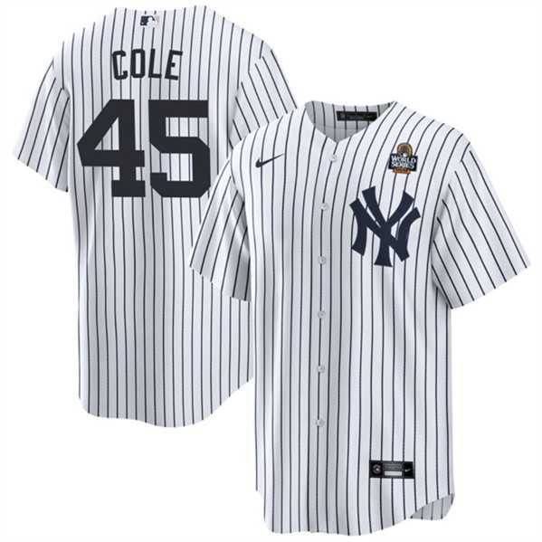 Mens New York Yankees #45 Gerrit Cole White 2024 World Series With Name Cool Base Stitched Jersey Dzhi->new york yankees->MLB Jersey